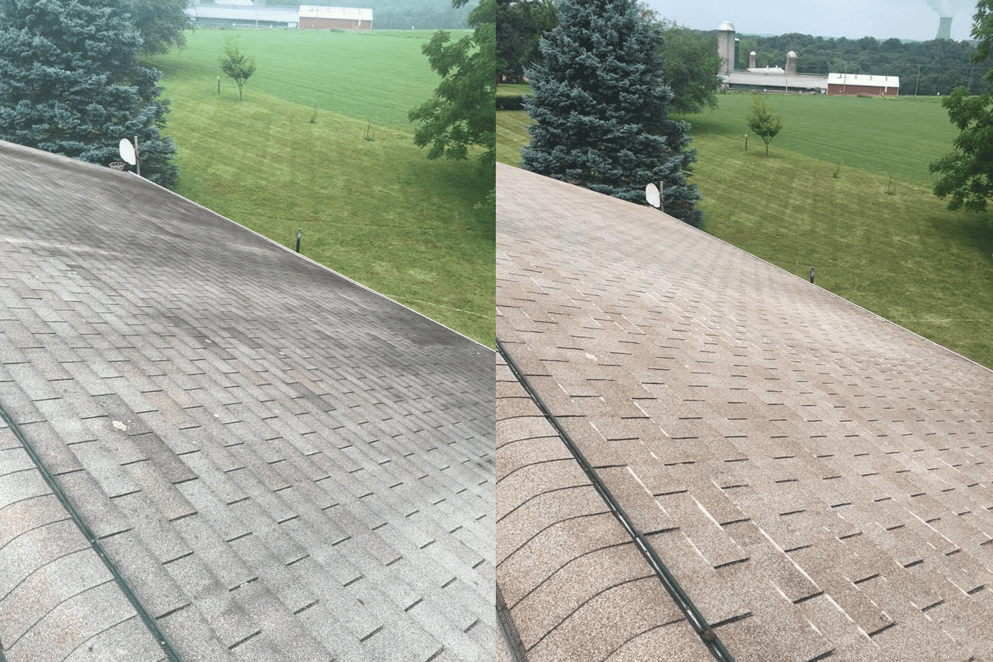 Soft Wash Roofing Before and After - A visual comparison of a roof before and after a soft wash treatment.